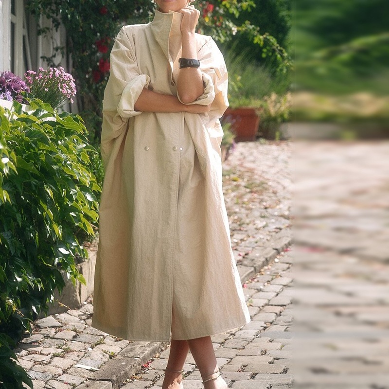Street Fashion Look - Women Stand‑Collar Loose Slim‑Look Long Trench
