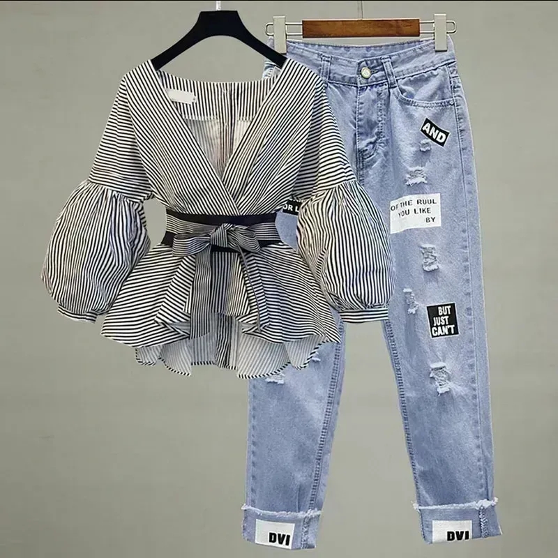 Women Elegant V-Neck Stripe La - Street Fashion Korean 评论和价格