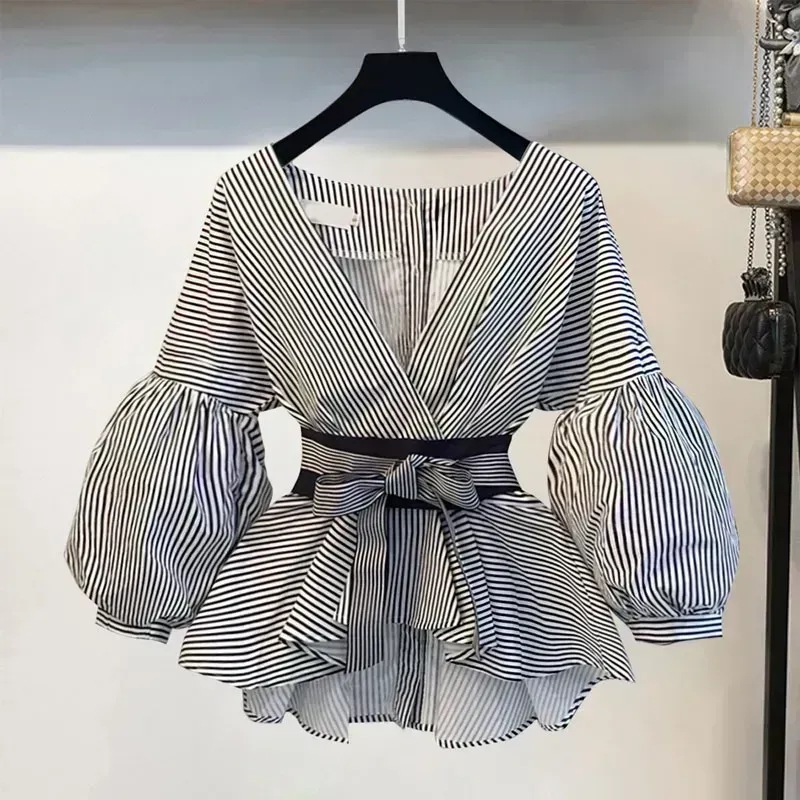 Women Elegant V-Neck Stripe La - Street Fashion Korean 评论和价格