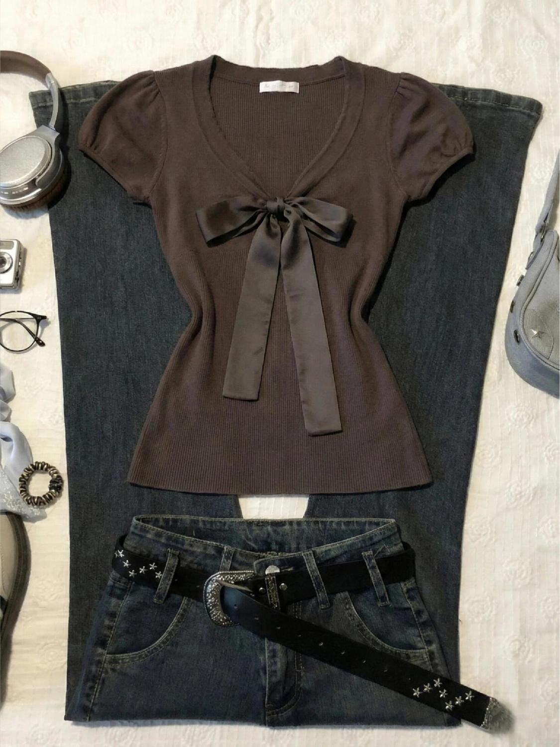 Vintage T-shirt Bow Y2k Slim S - Street Fashion Goth 评论和价格