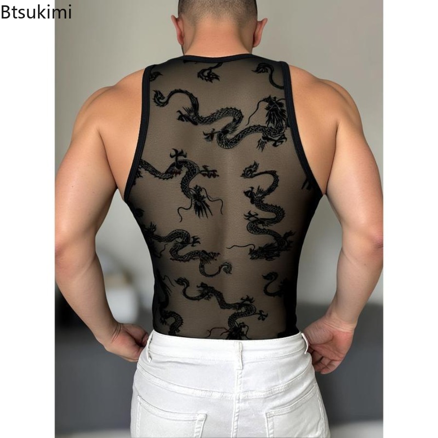 Sexy Lace Tank Tops Men Transp - Street Fashion Outfit For Men 评论和价格