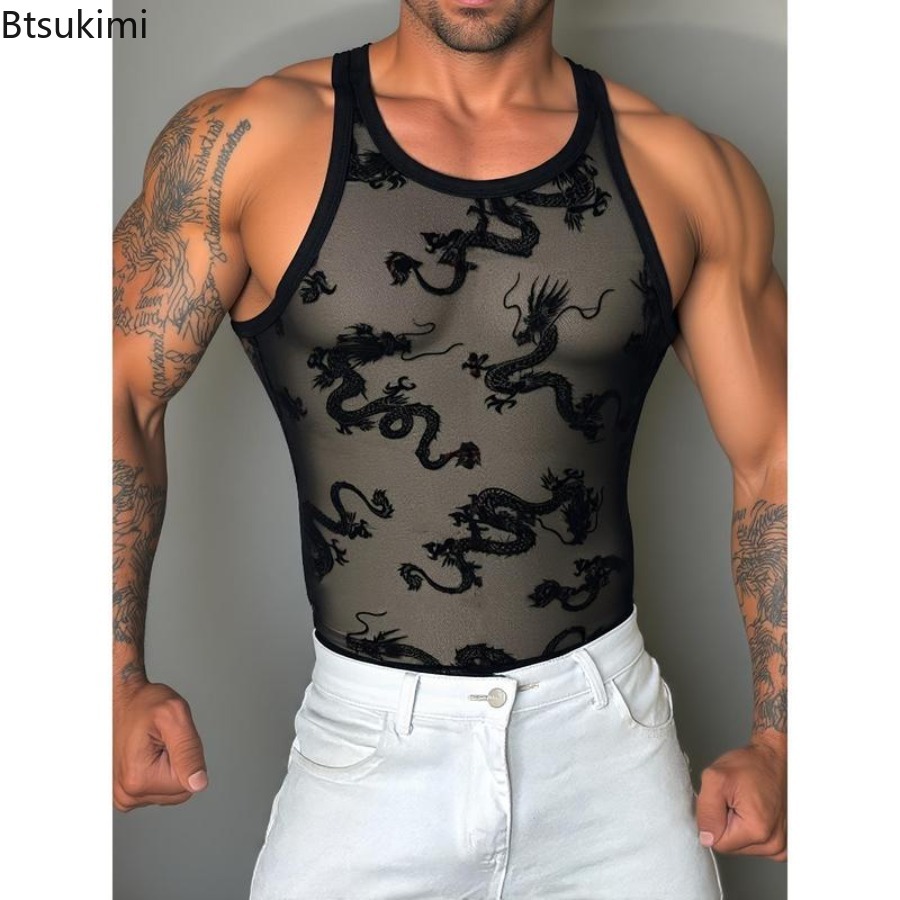 Sexy Lace Tank Tops Men Transp - Street Fashion Outfit For Men 评论和价格