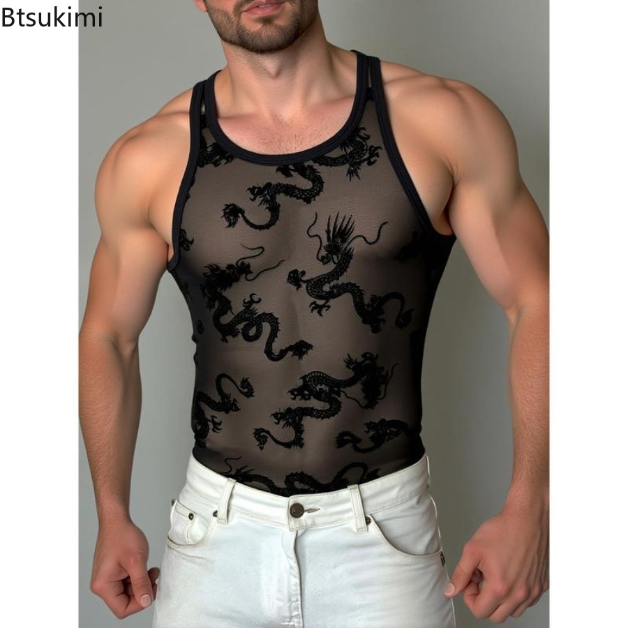 Sexy Lace Tank Tops Men Transp - Street Fashion Outfit For Men 评论和价格